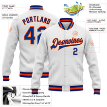 Charger l&#39;image dans la galerie, Custom White Royal-Orange Bomber Full-Snap Varsity Letterman Jacket
