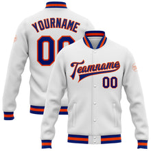 Charger l&#39;image dans la galerie, Custom White Royal-Orange Bomber Full-Snap Varsity Letterman Jacket
