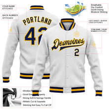 Charger l&#39;image dans la galerie, Custom White Navy-Gold Bomber Full-Snap Varsity Letterman Jacket
