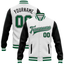 Load image into Gallery viewer, Custom White Kelly Green-Black Bomber Full-Snap Varsity Letterman Two Tone Jacket
