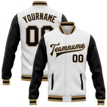 Загрузить изображение в средство просмотра галереи, Custom White Black-Old Gold Bomber Full-Snap Varsity Letterman Two Tone Jacket
