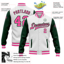 Laden Sie das Bild in den Galerie-Viewer, Custom White Pink-Green Bomber Full-Snap Varsity Letterman Two Tone Jacket
