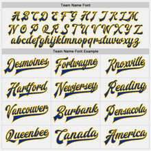 Load image into Gallery viewer, Custom White Royal-Gold Bomber Full-Snap Varsity Letterman Two Tone Jacket
