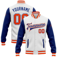 Загрузить изображение в средство просмотра галереи, Custom White Orange-Royal Bomber Full-Snap Varsity Letterman Two Tone Jacket

