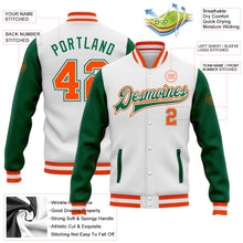 Загрузить изображение в средство просмотра галереи, Custom White Orange-Kelly Green Bomber Full-Snap Varsity Letterman Two Tone Jacket
