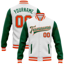 Загрузить изображение в средство просмотра галереи, Custom White Orange-Kelly Green Bomber Full-Snap Varsity Letterman Two Tone Jacket

