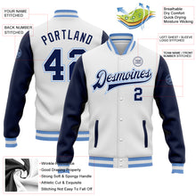 Загрузить изображение в средство просмотра галереи, Custom White Navy-Light Blue Bomber Full-Snap Varsity Letterman Two Tone Jacket
