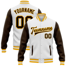 Load image into Gallery viewer, Custom White Brown-Gold Bomber Full-Snap Varsity Letterman Two Tone Jacket
