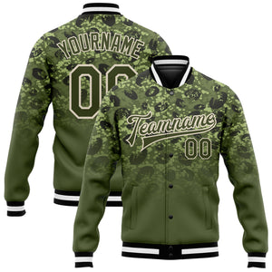 Custom Olive Olive Cream-Black 3D Bomber Full-Snap Varsity Letterman Salute To Service Jacket