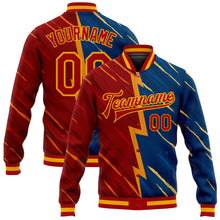 Load image into Gallery viewer, Custom Navy Red-Gold 3D Pattern Design Bomber Full-Snap Varsity Letterman Jacket

