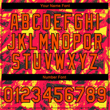 Laden Sie das Bild in den Galerie-Viewer, Custom Red Orange Gold-Black 3D Pattern Design Bomber Full-Snap Varsity Letterman Jacket
