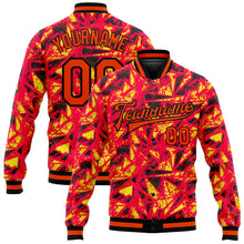 Laden Sie das Bild in den Galerie-Viewer, Custom Red Orange Gold-Black 3D Pattern Design Bomber Full-Snap Varsity Letterman Jacket
