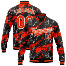 Laden Sie das Bild in den Galerie-Viewer, Custom Red Orange-Black 3D Pattern Design Bomber Full-Snap Varsity Letterman Jacket
