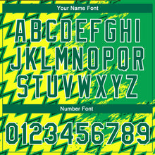 Laden Sie das Bild in den Galerie-Viewer, Custom Gold Kelly Green-White 3D Pattern Design Bomber Full-Snap Varsity Letterman Jacket
