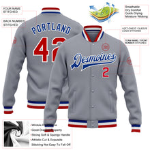 Load image into Gallery viewer, Custom Gray Red-Royal Bomber Full-Snap Varsity Letterman Jacket
