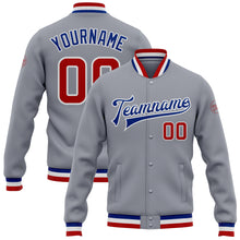 Load image into Gallery viewer, Custom Gray Red-Royal Bomber Full-Snap Varsity Letterman Jacket
