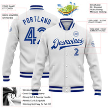 Laden Sie das Bild in den Galerie-Viewer, Custom White White-Royal Bomber Full-Snap Varsity Letterman Jacket
