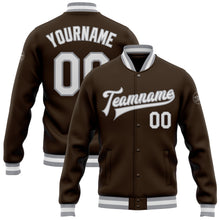 Load image into Gallery viewer, Custom Brown White-Gray Bomber Full-Snap Varsity Letterman Jacket
