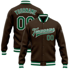 Load image into Gallery viewer, Custom Brown Kelly Green-White Bomber Full-Snap Varsity Letterman Jacket
