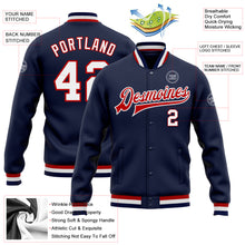 Load image into Gallery viewer, Custom Navy White-Red Bomber Full-Snap Varsity Letterman Jacket
