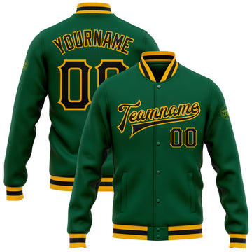 Custom Kelly Green Black-Gold Bomber Full-Snap Varsity Letterman Jacket