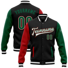 Laden Sie das Bild in den Galerie-Viewer, Custom Black Kelly Green-Red Bomber Full-Snap Varsity Letterman Two Tone Jacket
