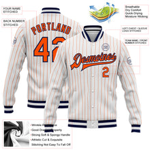 Laden Sie das Bild in den Galerie-Viewer, Custom White Orange Pinstripe Orange-Navy Bomber Full-Snap Varsity Letterman Jacket
