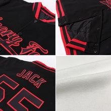 Load image into Gallery viewer, Custom White Red Pinstripe Red-Black Bomber Full-Snap Varsity Letterman Jacket
