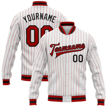 Load image into Gallery viewer, Custom White Red Pinstripe Red-Black Bomber Full-Snap Varsity Letterman Jacket
