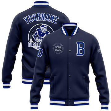 Custom Navy Royal-White Bomber Full-Snap Varsity Letterman Jacket