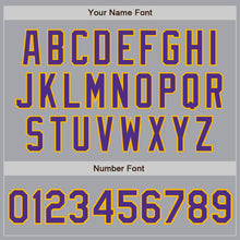 Load image into Gallery viewer, Custom Gray Purple-Gold Bomber Full-Snap Varsity Letterman Jacket
