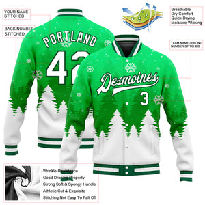 Custom Kelly Green White Christmas 3D Bomber Full-Snap Varsity Letterman Jacket