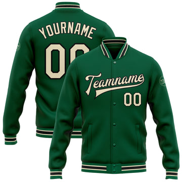 Custom Kelly Green Cream-Black Bomber Full-Snap Varsity Letterman Jacket