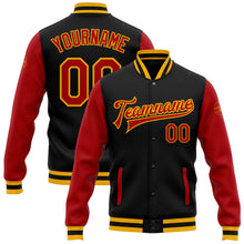 Load image into Gallery viewer, Custom Black Red-Gold Bomber Full-Snap Varsity Letterman Two Tone Jacket
