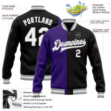 Laden Sie das Bild in den Galerie-Viewer, Custom Black White Purple-Gray Bomber Full-Snap Varsity Letterman Split Fashion Jacket
