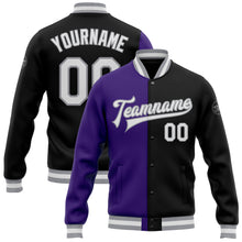 Laden Sie das Bild in den Galerie-Viewer, Custom Black White Purple-Gray Bomber Full-Snap Varsity Letterman Split Fashion Jacket
