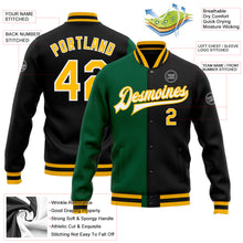 Laden Sie das Bild in den Galerie-Viewer, Custom Black Gold-Kelly Green Bomber Full-Snap Varsity Letterman Split Fashion Jacket
