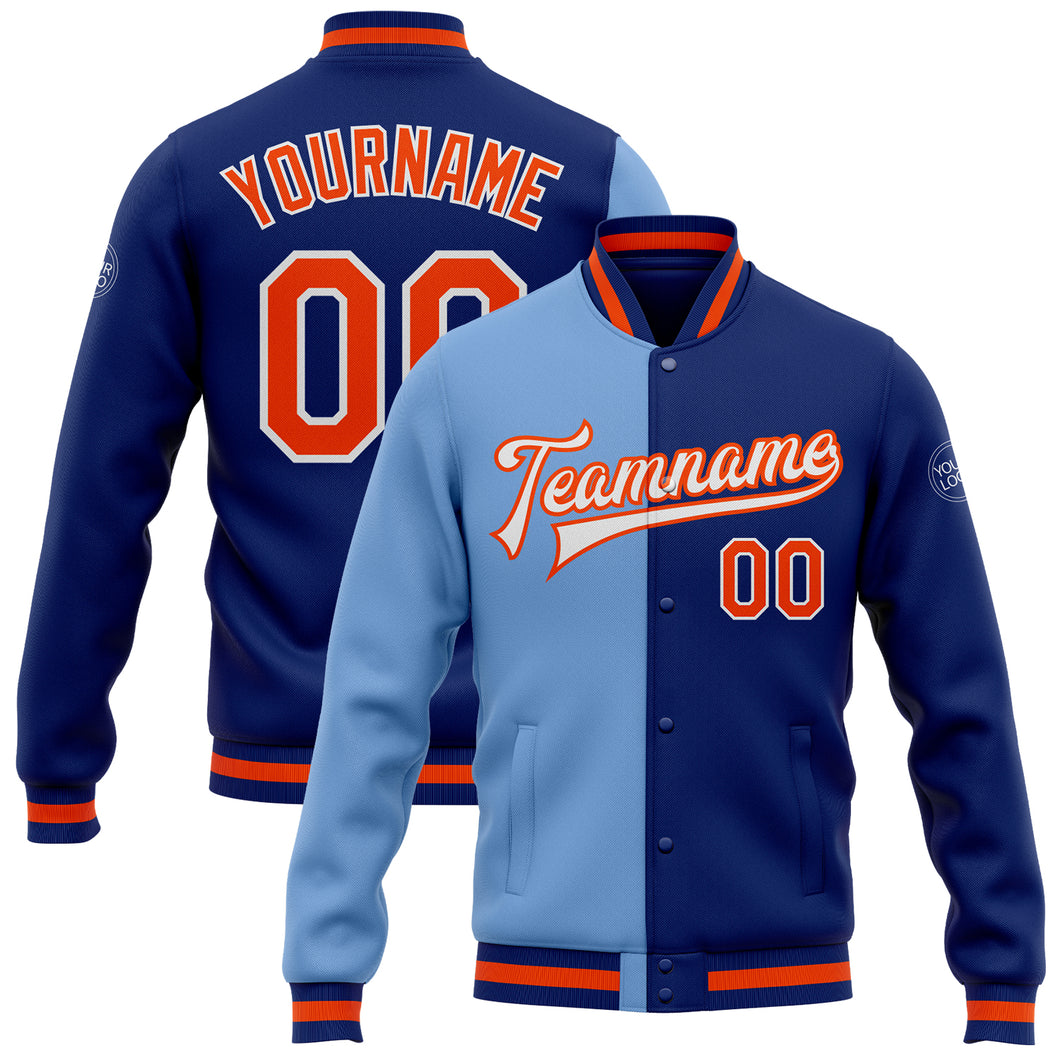 Custom Royal Orange-Light Blue Bomber Full-Snap Varsity Letterman Split Fashion Jacket