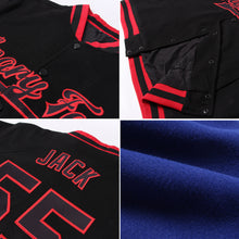 Laden Sie das Bild in den Galerie-Viewer, Custom Royal Black-Red Bomber Full-Snap Varsity Letterman Split Fashion Jacket
