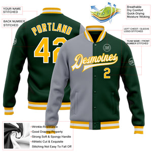 Custom Green Gold-Gray Bomber Full-Snap Varsity Letterman Split Fashion Jacket