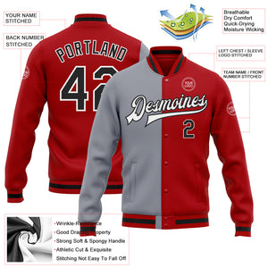 Custom Red Black-Gray Bomber Full-Snap Varsity Letterman Split Fashion Jacket