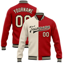 Laden Sie das Bild in den Galerie-Viewer, Custom Red Cream-Black Bomber Full-Snap Varsity Letterman Split Fashion Jacket
