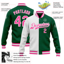 Laden Sie das Bild in den Galerie-Viewer, Custom Kelly Green Pink-White Bomber Full-Snap Varsity Letterman Split Fashion Jacket
