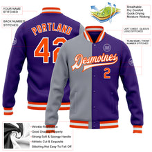 Load image into Gallery viewer, Custom Purple Orange-Gray Bomber Full-Snap Varsity Letterman Split Fashion Jacket
