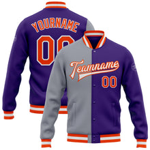 Load image into Gallery viewer, Custom Purple Orange-Gray Bomber Full-Snap Varsity Letterman Split Fashion Jacket
