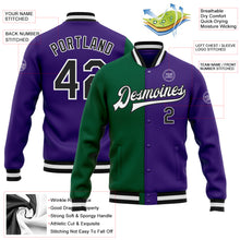 Load image into Gallery viewer, Custom Purple Black Kelly Green Bomber Full-Snap Varsity Letterman Split Fashion Jacket
