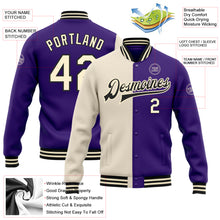 Laden Sie das Bild in den Galerie-Viewer, Custom Purple Cream-Black Bomber Full-Snap Varsity Letterman Split Fashion Jacket

