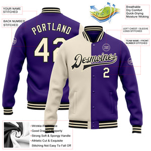 Custom Purple Cream-Black Bomber Full-Snap Varsity Letterman Split Fashion Jacket