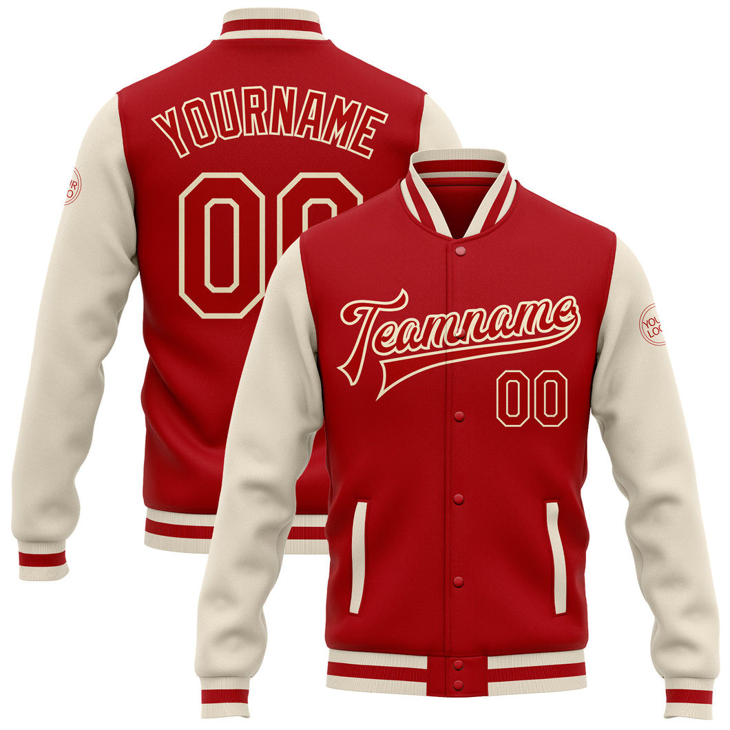 Custom Red Red-Cream Bomber Full-Snap Varsity Letterman Two Tone Jacket