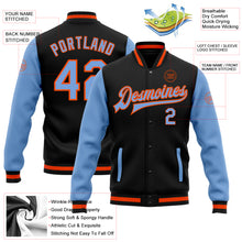 Load image into Gallery viewer, Custom Black Light Blue-Orange Bomber Full-Snap Varsity Letterman Two Tone Jacket
